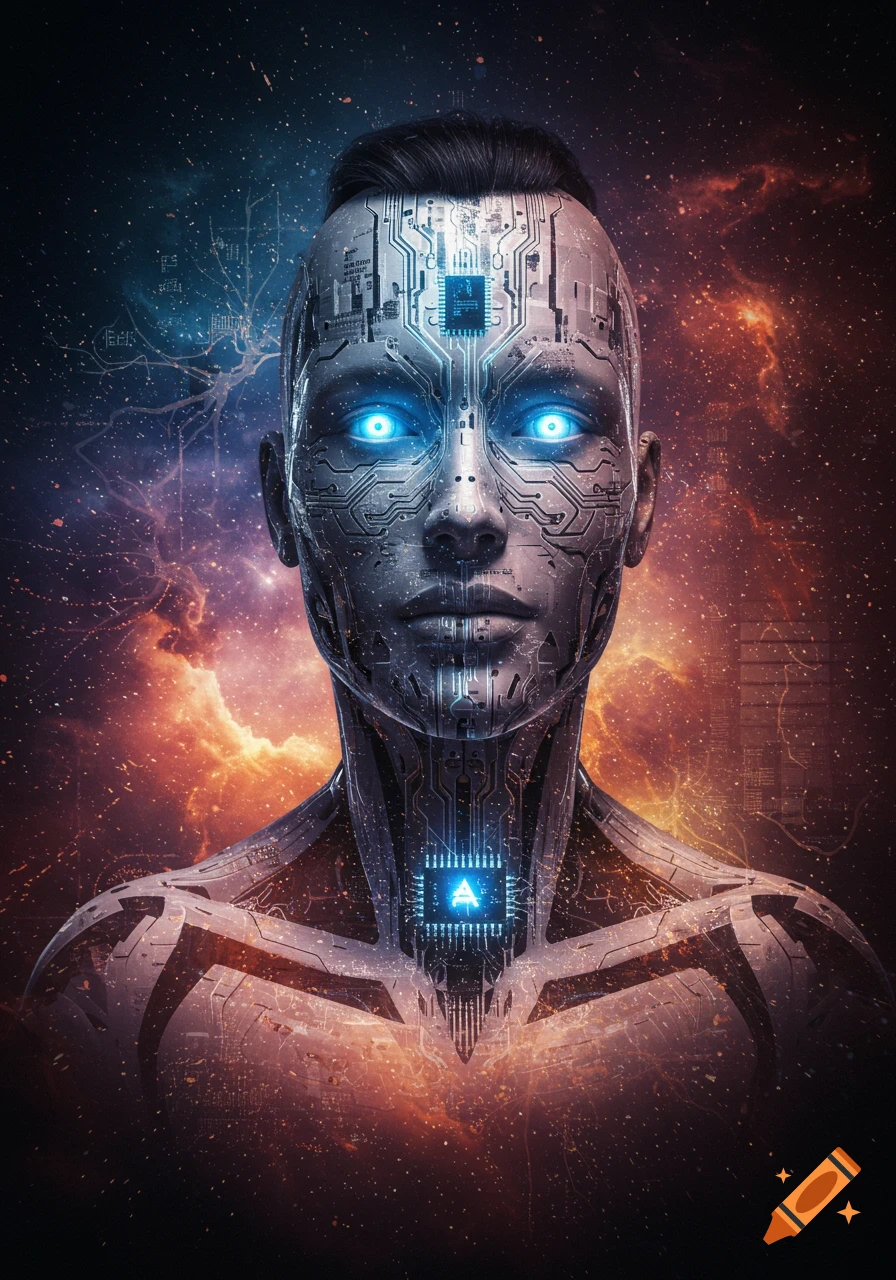 Bust of a futuristic cyborg person with glowing blue eyes and circuit patterns against a cosmic space background.