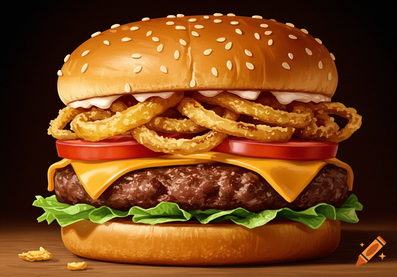 A close-up, detailed illustration of a hamburger with onion rings, cheese, lettuce, and tomato.