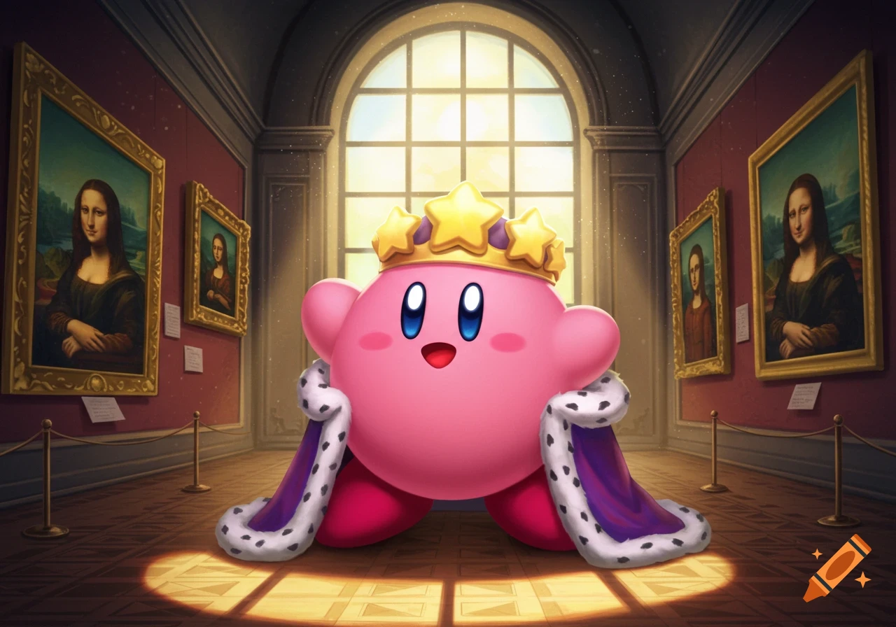 Kirby wearing a crown and cape stands in a museum gallery with multiple Mona Lisa paintings.