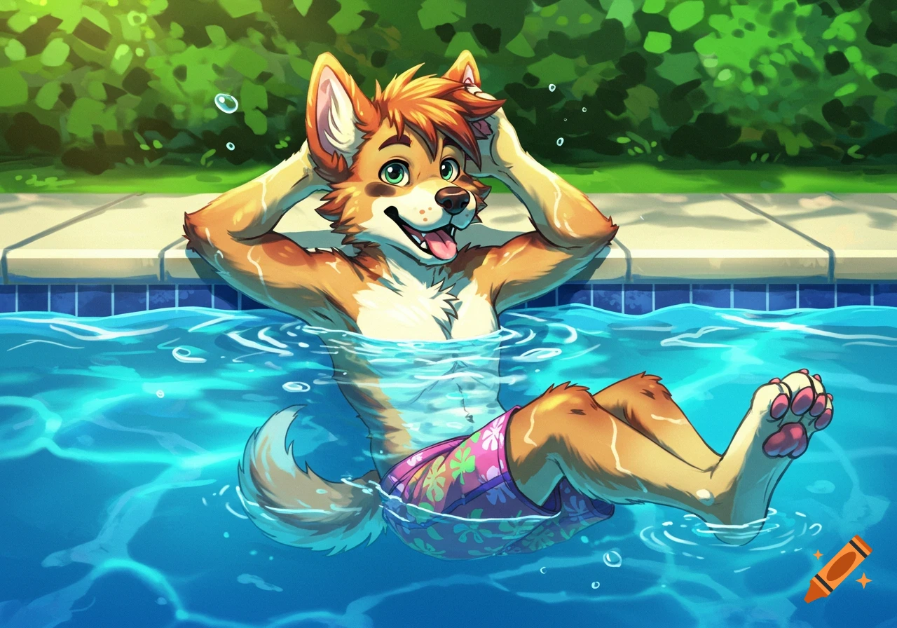 Furry dog anthro floating in a swimming pool.