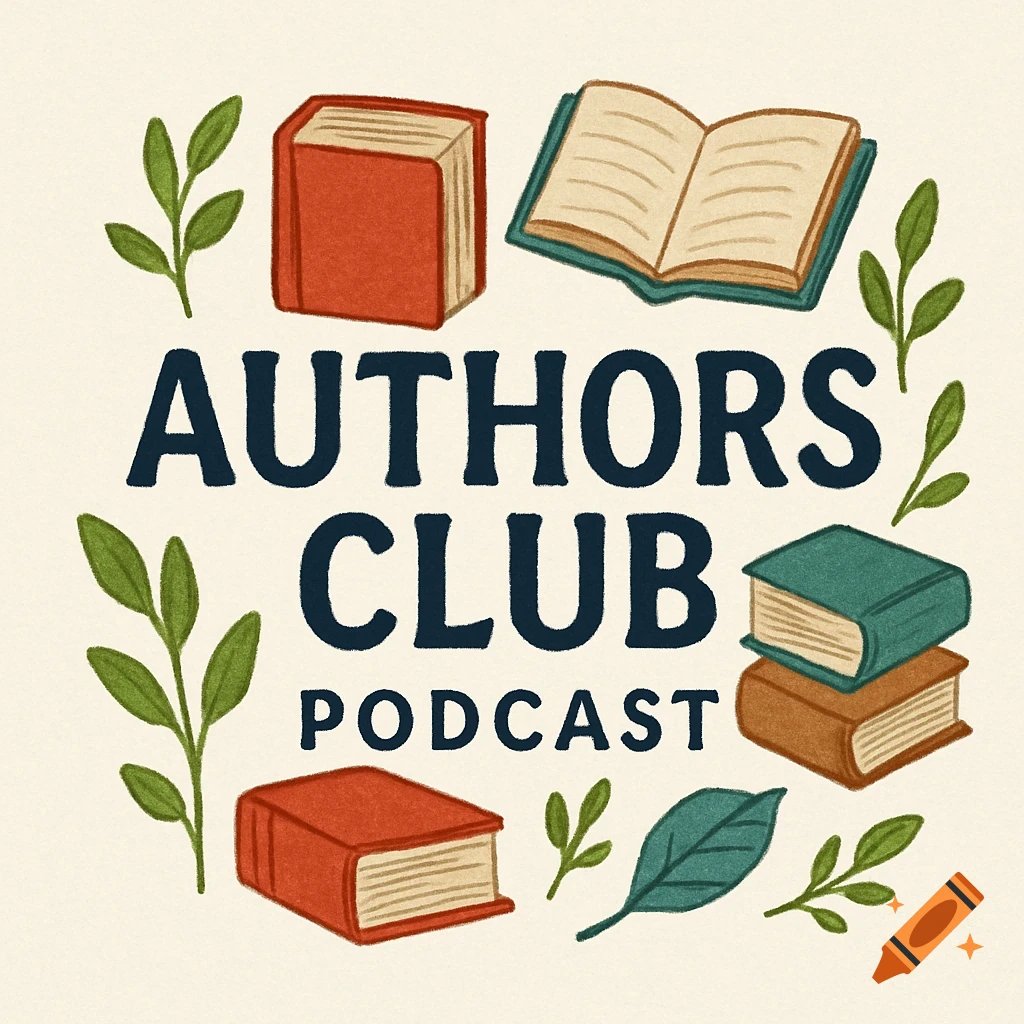 Stylized illustration of books, leaves, and text 'AUTHORS CLUB PODCAST' for a podcast logo.