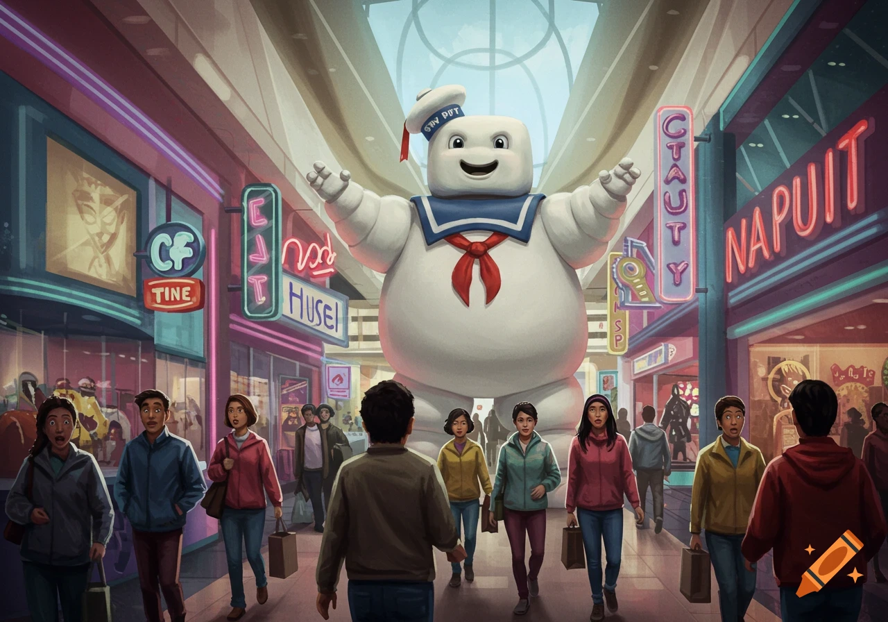 Giant Stay Puft Marshmallow Man walks through a crowded mall, illustration.