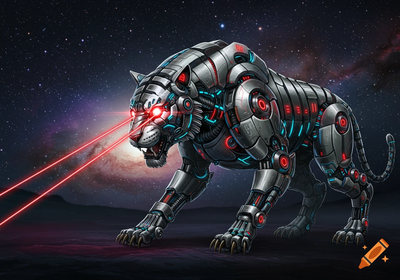 A metallic robotic tiger with glowing red eyes and laser beams stands on a dark planet surface under a starry space sky.