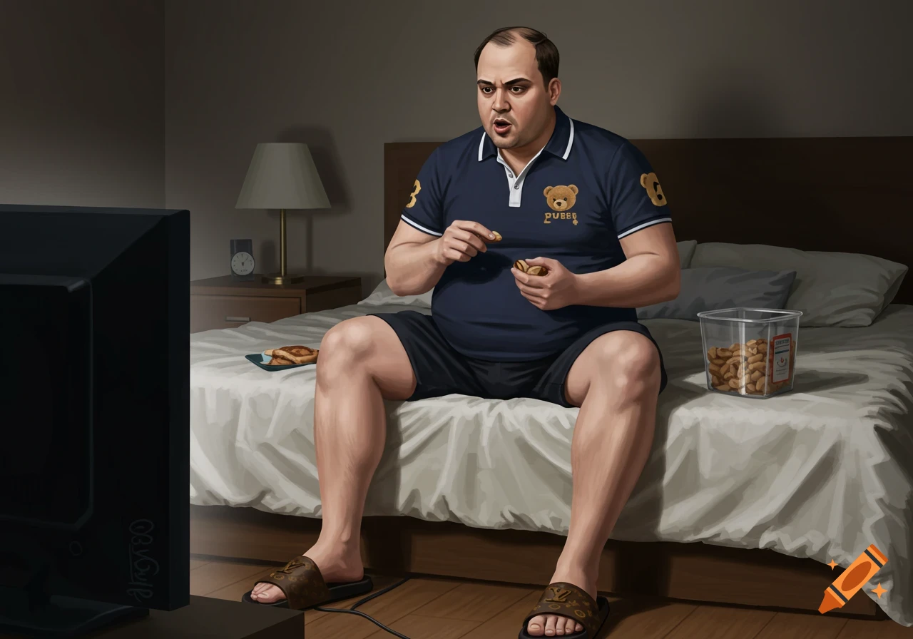 A man in a polo shirt sits on a bed, eating nuts and watching television.