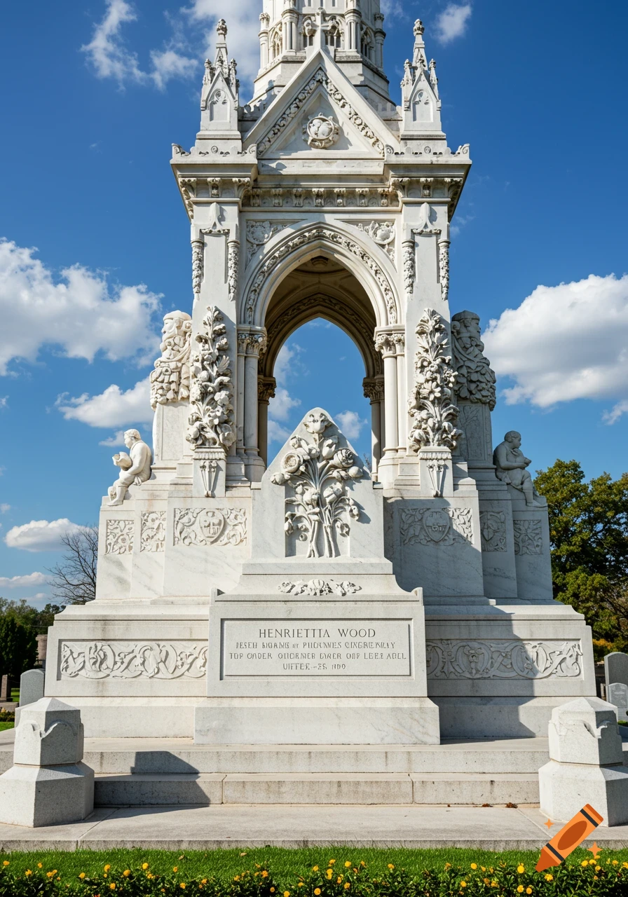 Large white marble monument under a blue sky with clouds