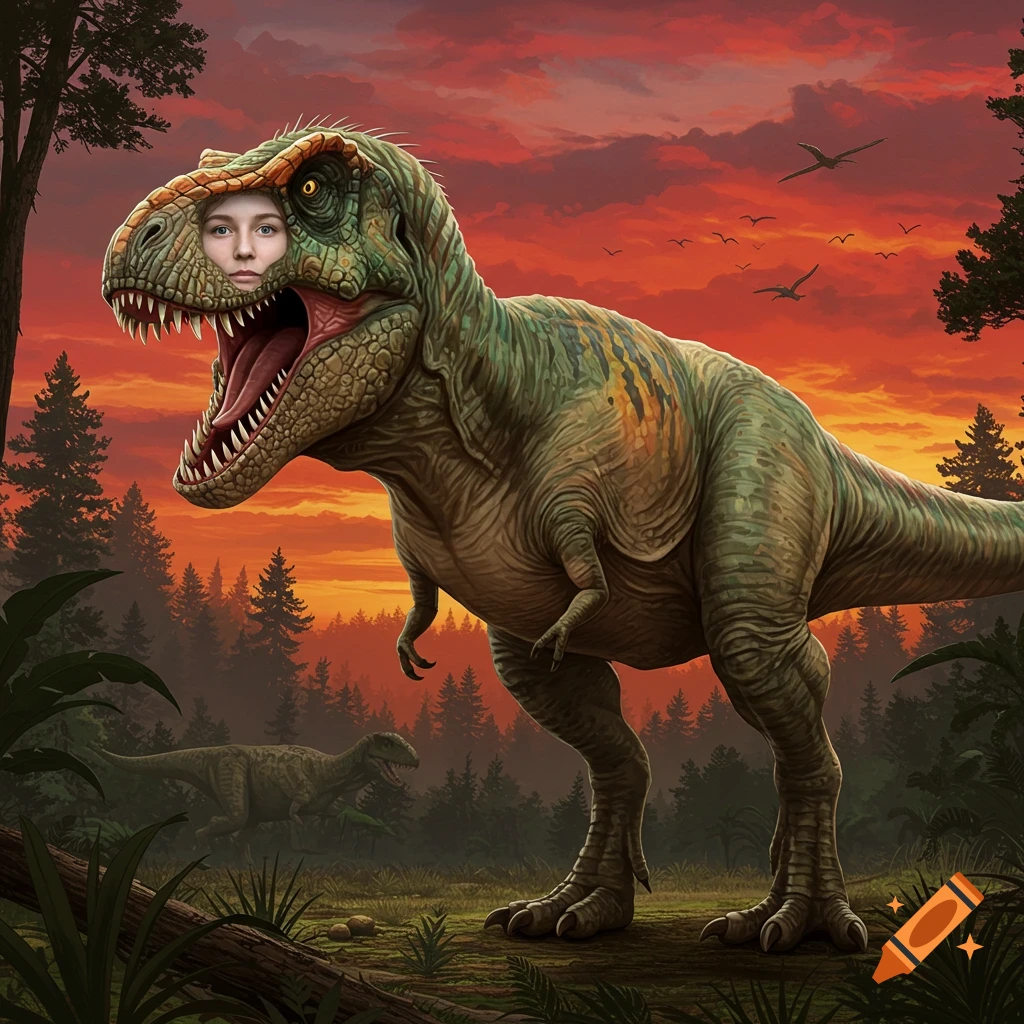 A Tyrannosaurus Rex with a human face in its mouth stands in a prehistoric forest at sunset.