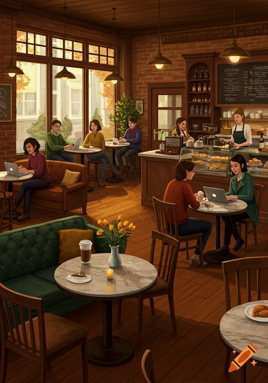 Illustration of a busy coffee shop interior with people working and talking.