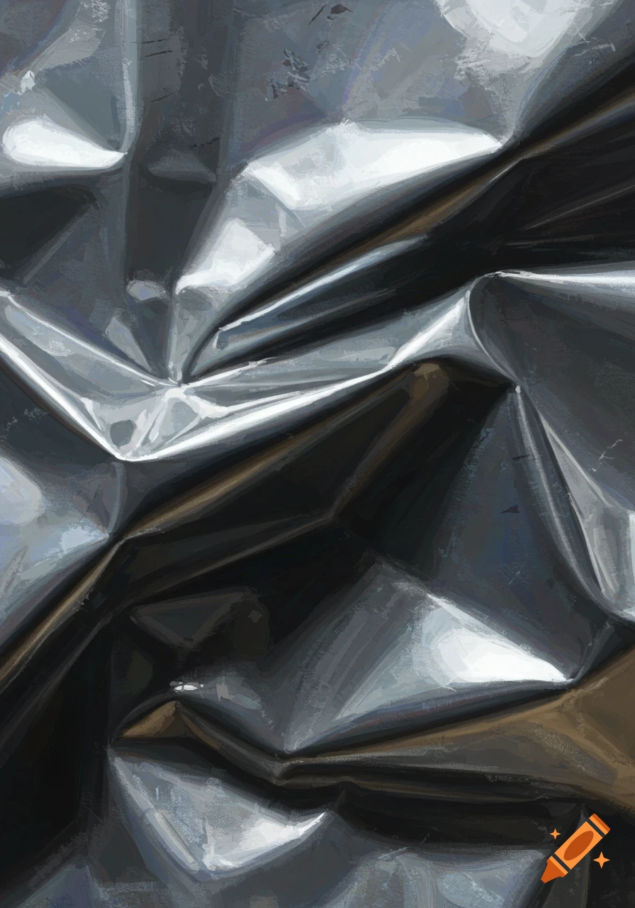 Abstract close-up of crumpled metal showing reflections and shadows.