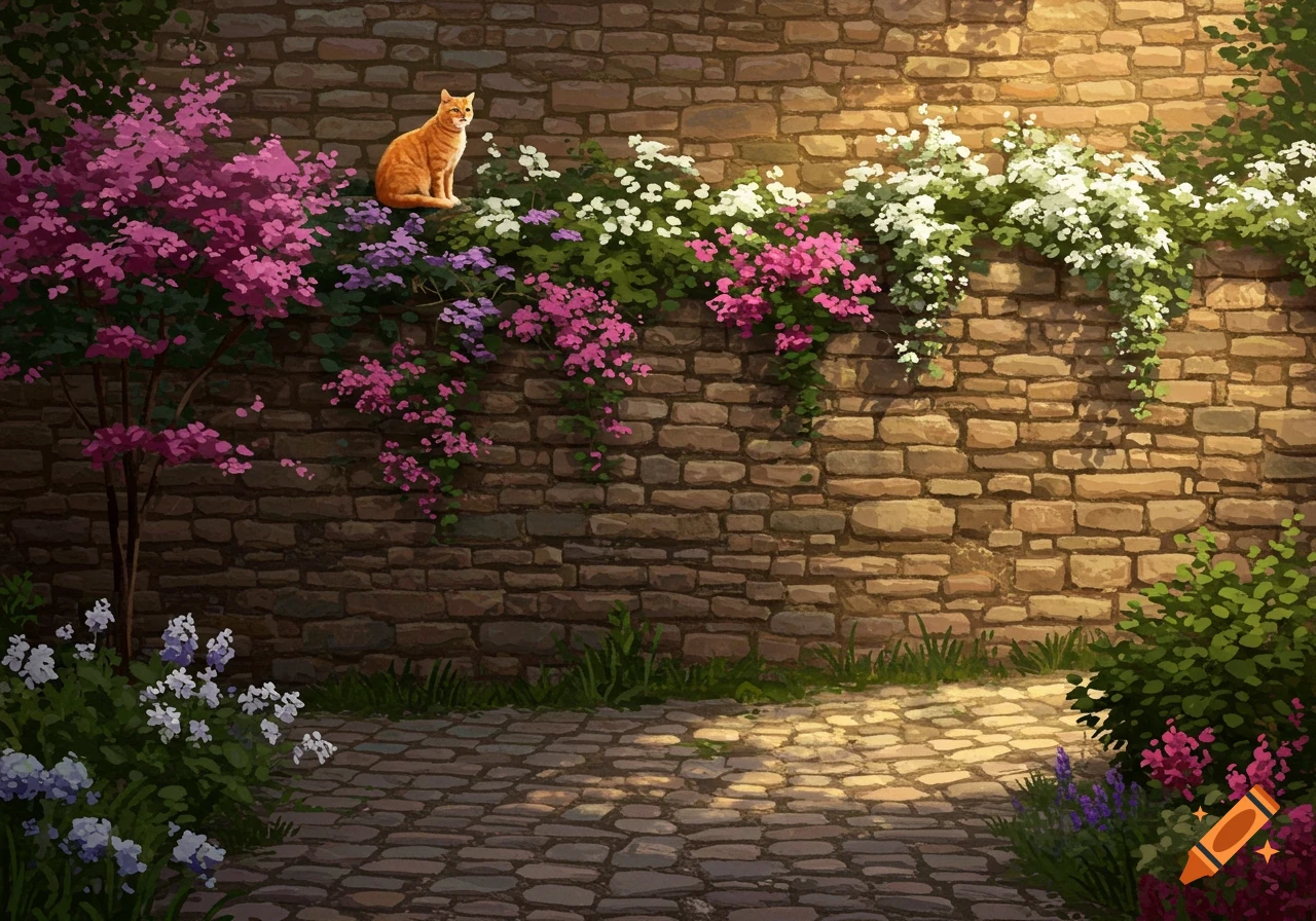 An orange cat sits on a stone wall covered in pink and white flowering vines above a cobblestone path, in a digital painting style.
