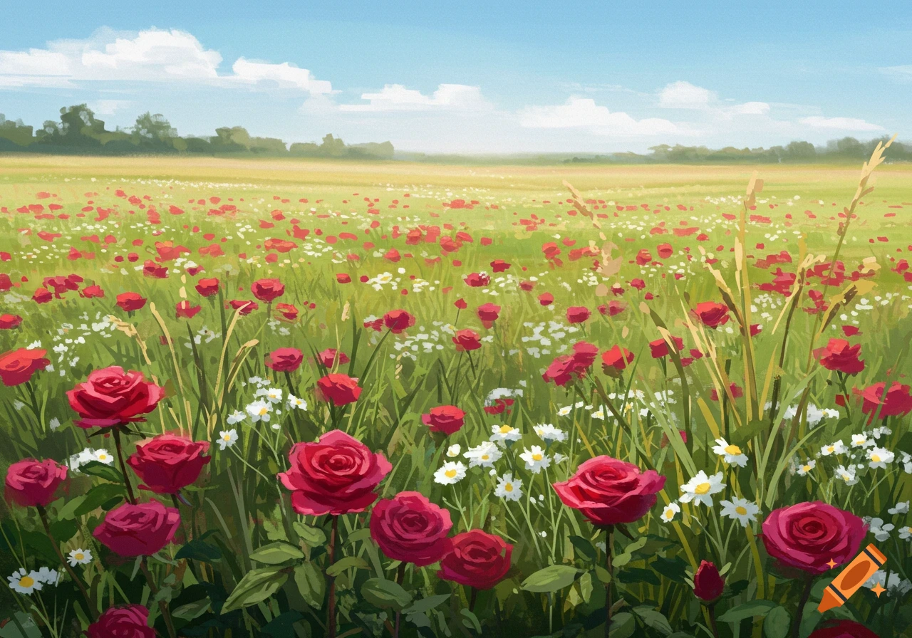 Painterly field of red roses and white flowers under a blue sky. on Craiyon