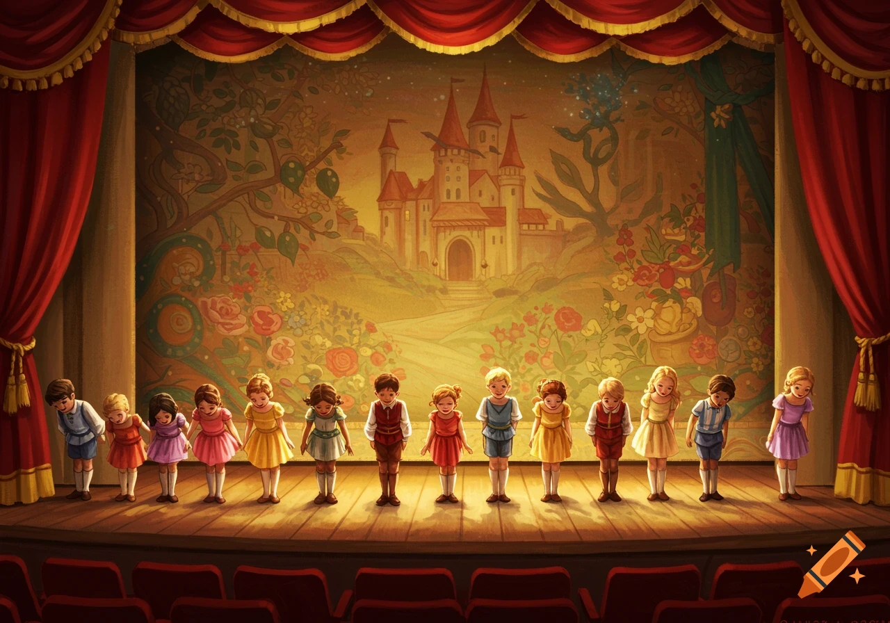 Children bowing on a stage with red curtains and a painted backdrop of a castle and flowers.