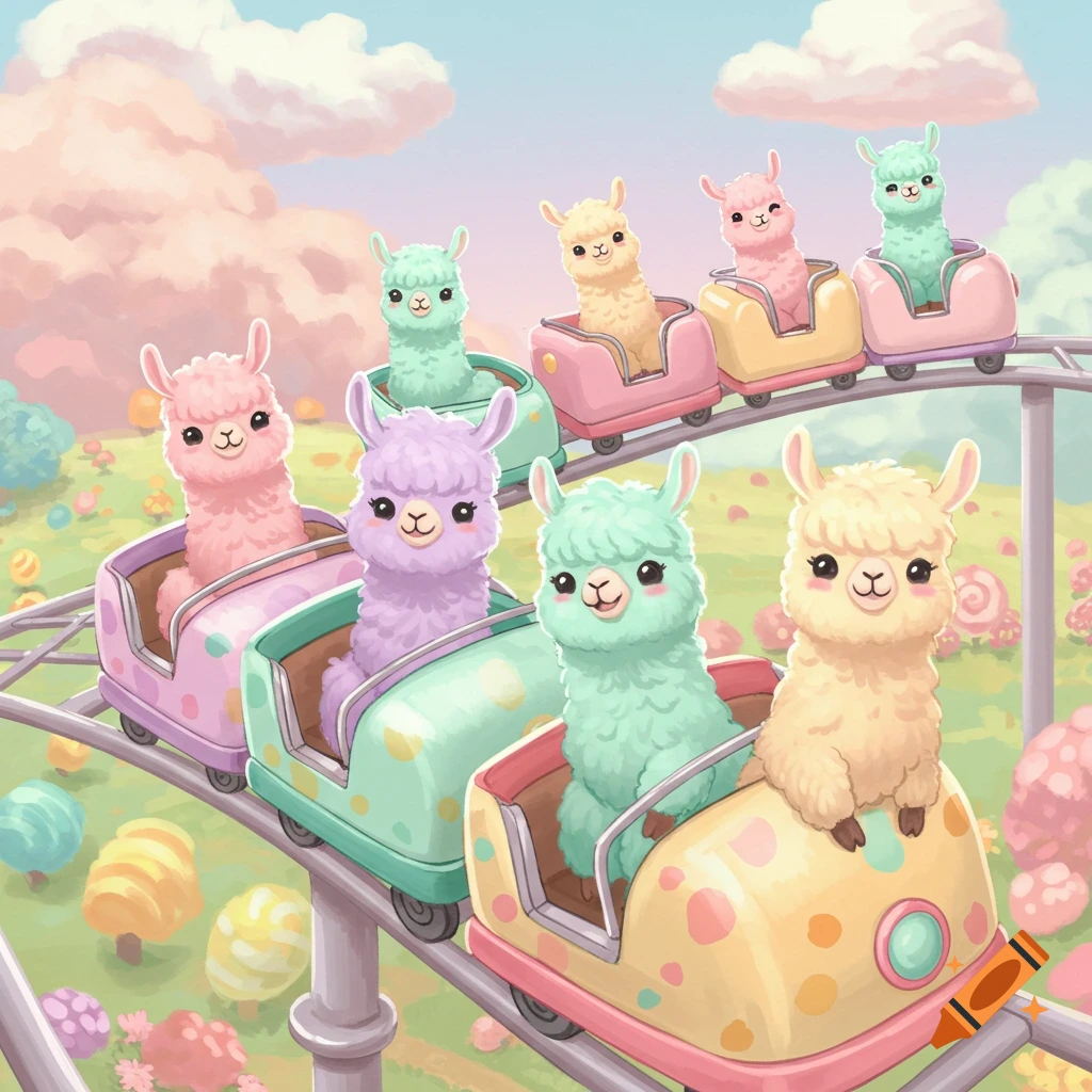 Cute pastel alpacas riding a rollercoaster in a whimsical landscape.