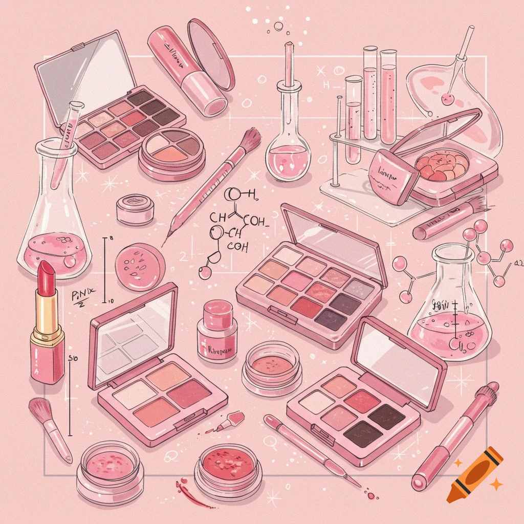 Pastel pink illustration of makeup products, lab equipment, and chemical formulas in an aesthetic style.