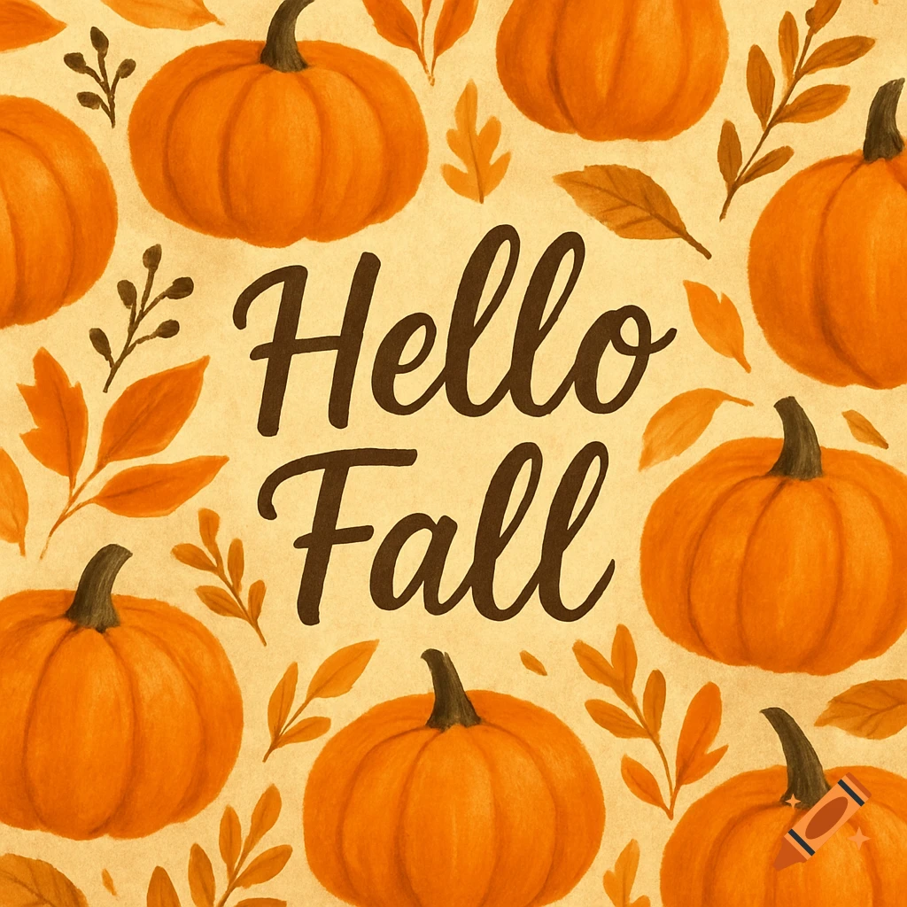 Illustration of pumpkins and leaves surrounding 'Hello Fall' text