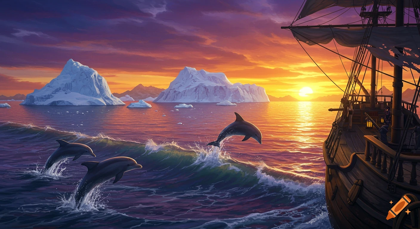 A pirate ship sails towards a sunset with dolphins jumping by icebergs.