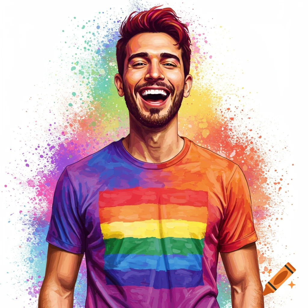 A man with a beard and colorful hair is smiling, wearing a rainbow flag t-shirt against a rainbow paint splash background.