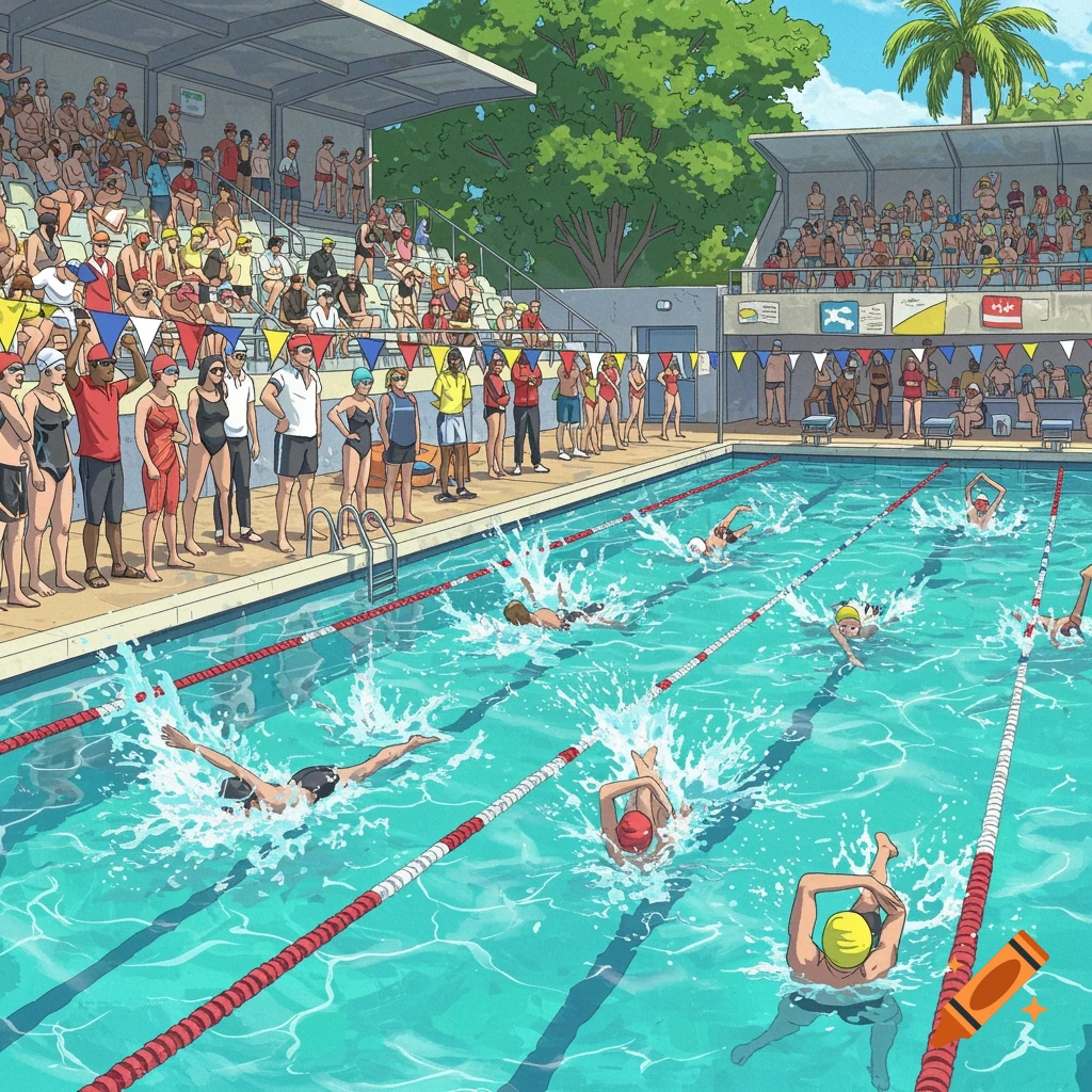 Cartoon illustration of a swimming competition with swimmers in the pool and spectators in the stands.