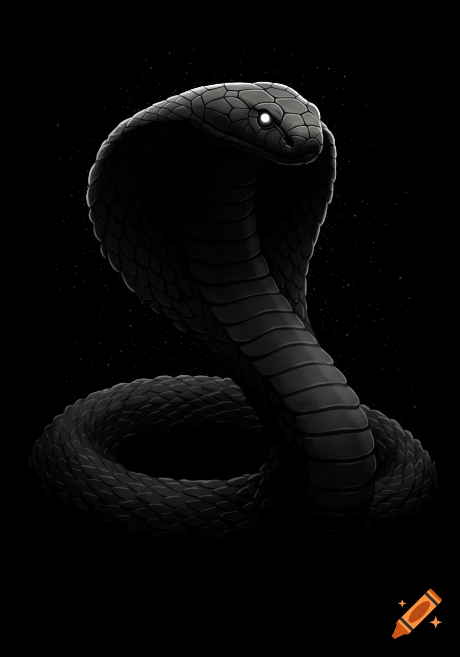 A stylized illustration of a black cobra with glowing eyes against a dark, speckled background.