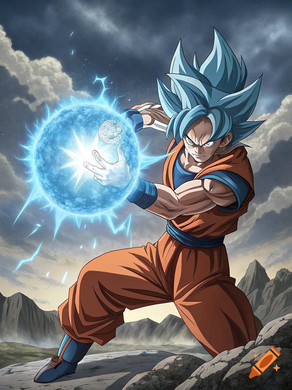 Goku in Super Saiyan Blue form charges a blue energy attack in a rocky landscape, anime style.