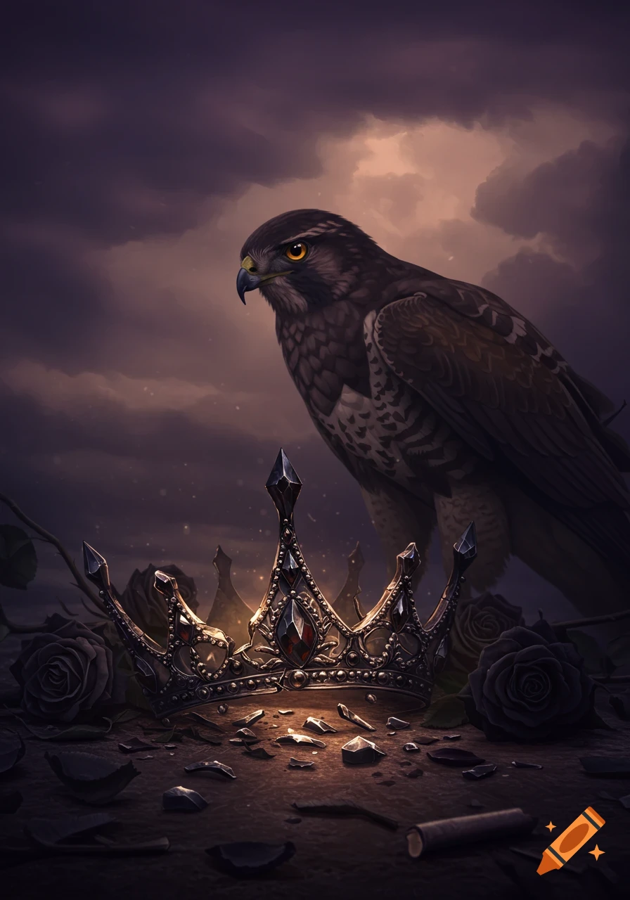 Hawk looks at a broken crown among dark roses and debris under a stormy sky. Digital art.