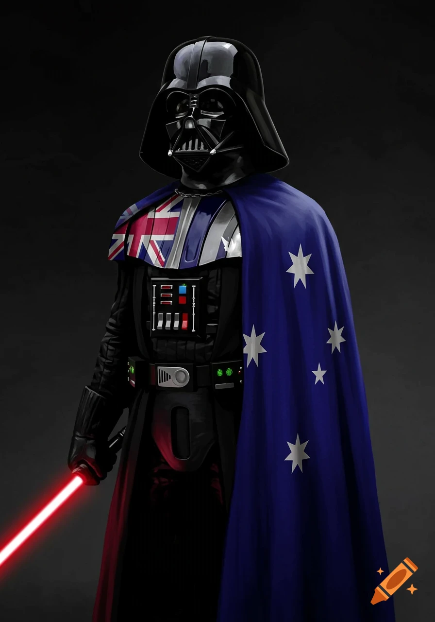 Darth Vader wearing an Australian flag cape and holding a lightsaber
