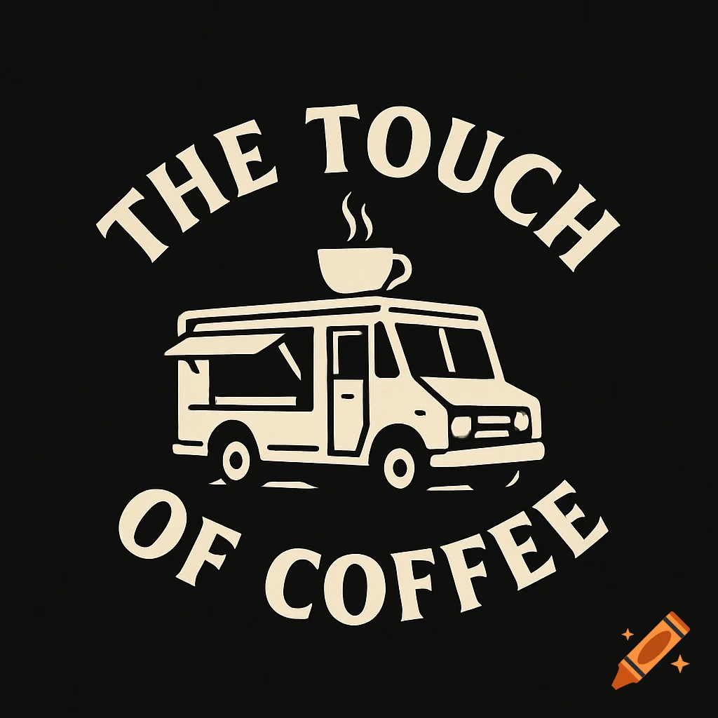 Logo illustration of a coffee truck with 'THE TOUCH OF COFFEE' text on a black background.