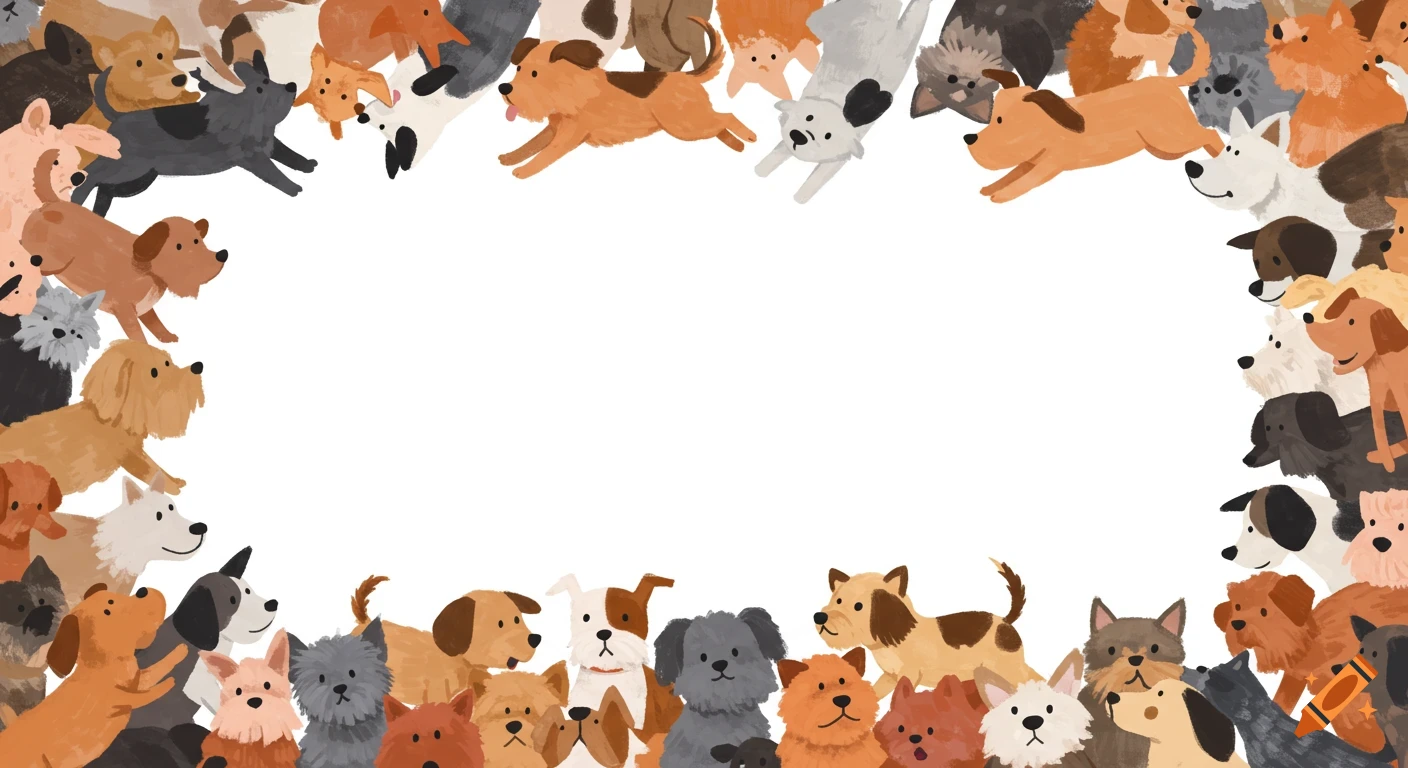 Watercolor illustration of many different dogs forming a border around a blank white space.