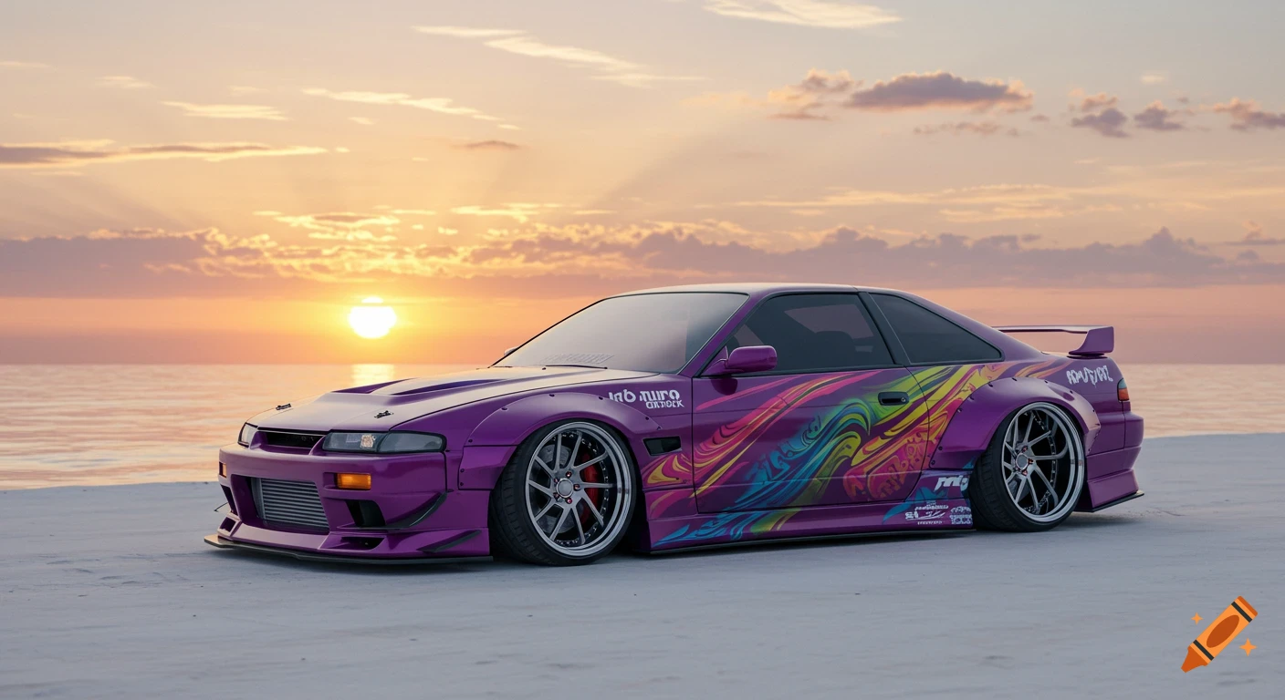 Purple modded JDM car with colorful graphics on a beach at sunset