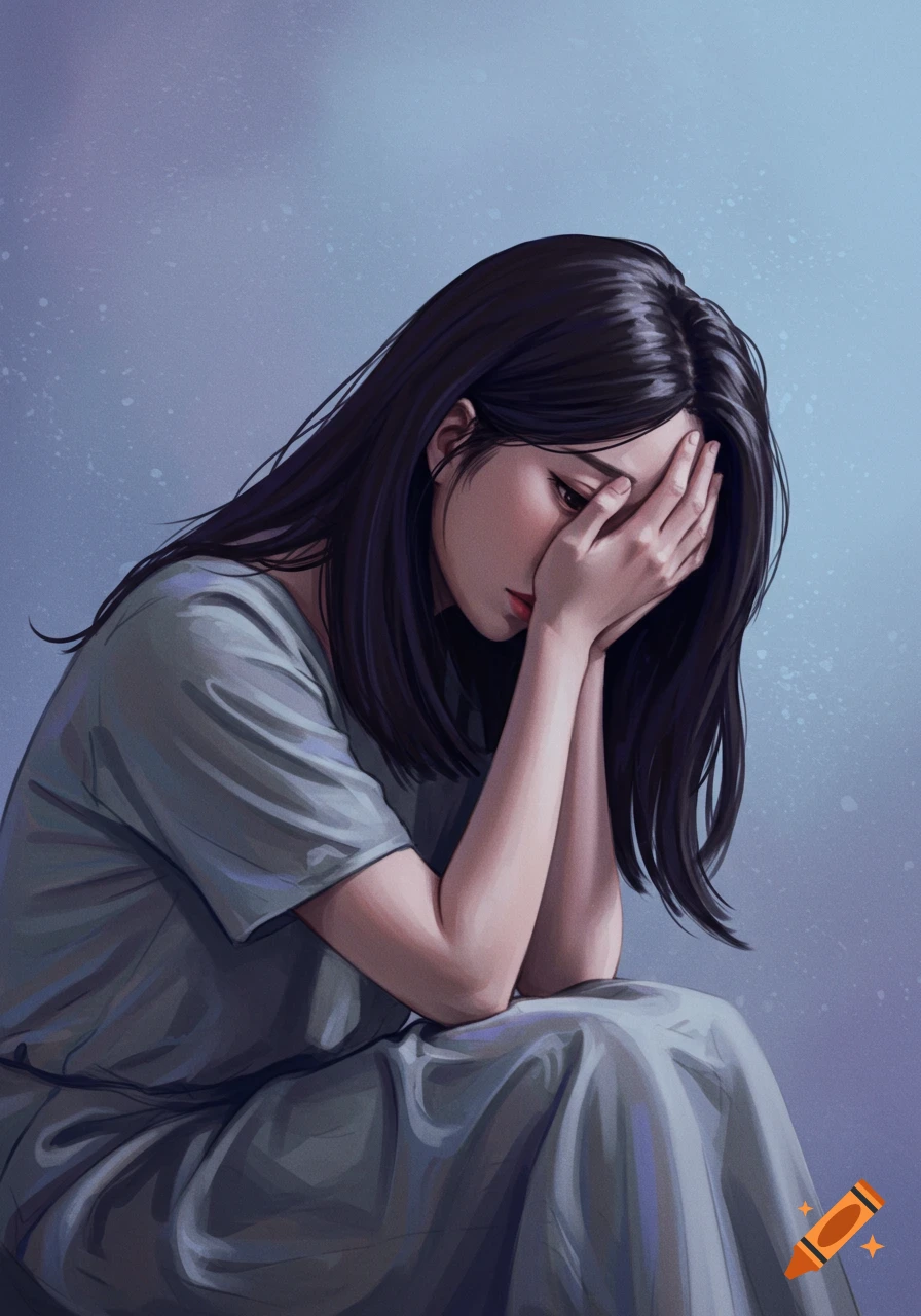 Illustration of a woman covering her face with her hands, looking upset against a blue background.
