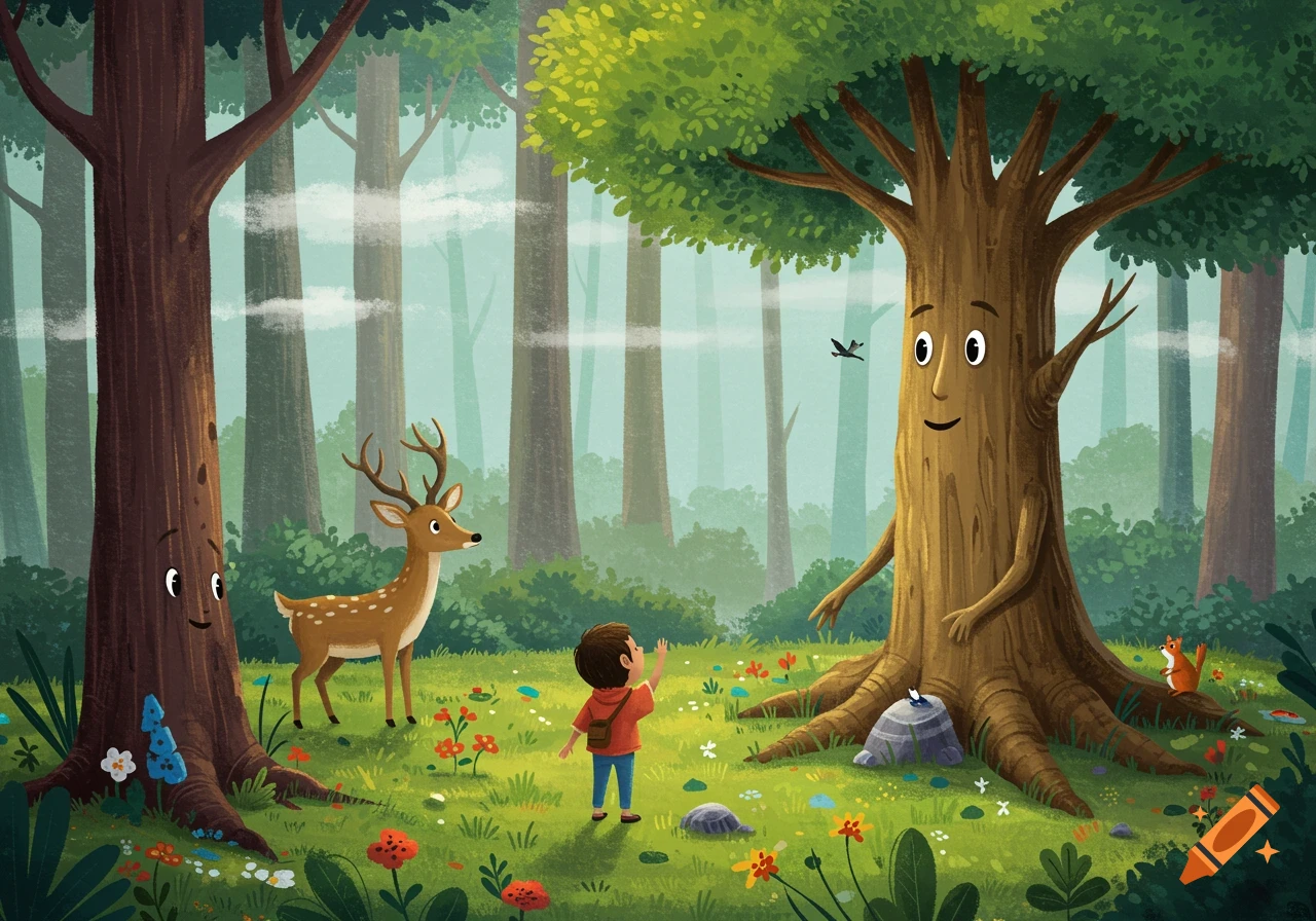 A child looks at a friendly anthropomorphic tree in a forest with a deer, squirrel, and flowers. Cartoon illustration.