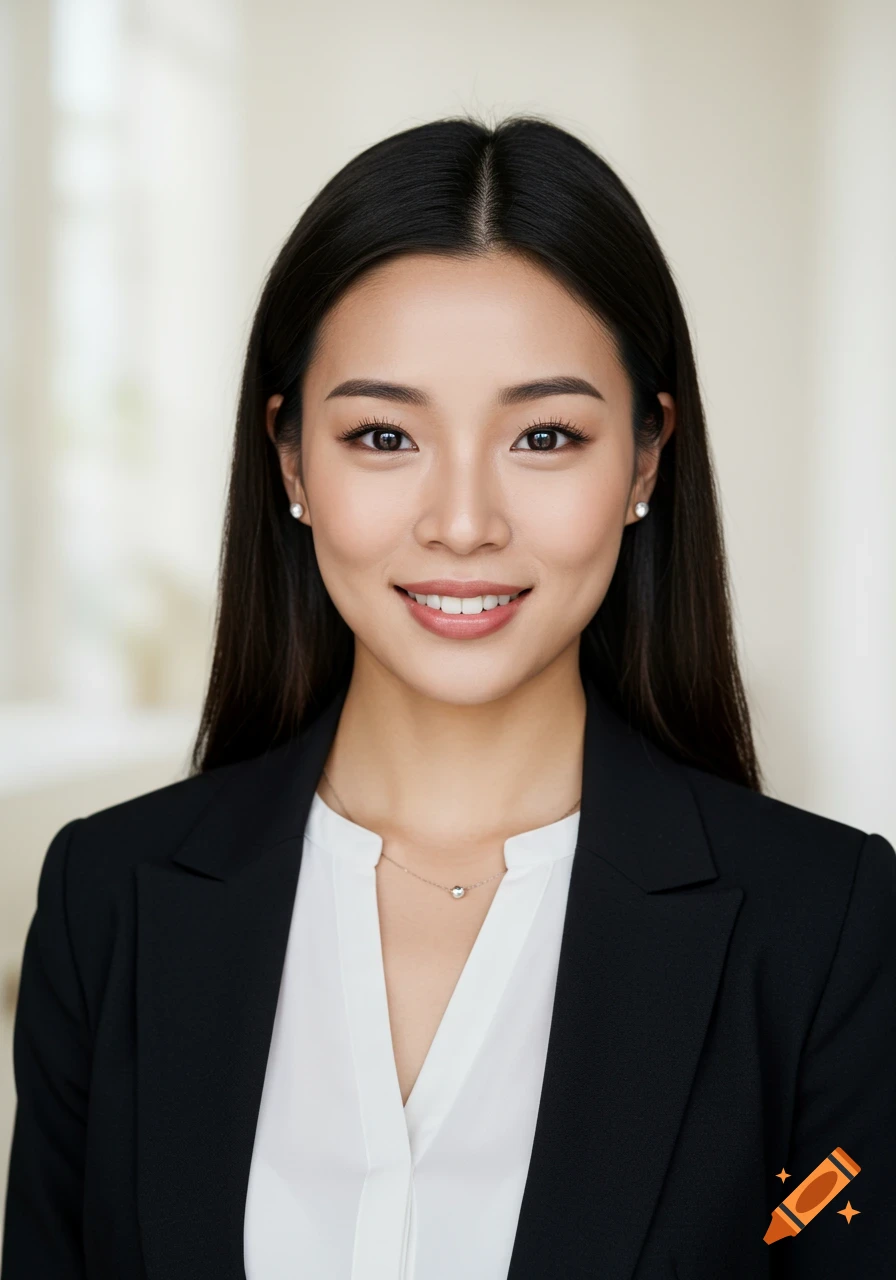 Professional headshot of a young East Asian woman smiling in a business suit.
