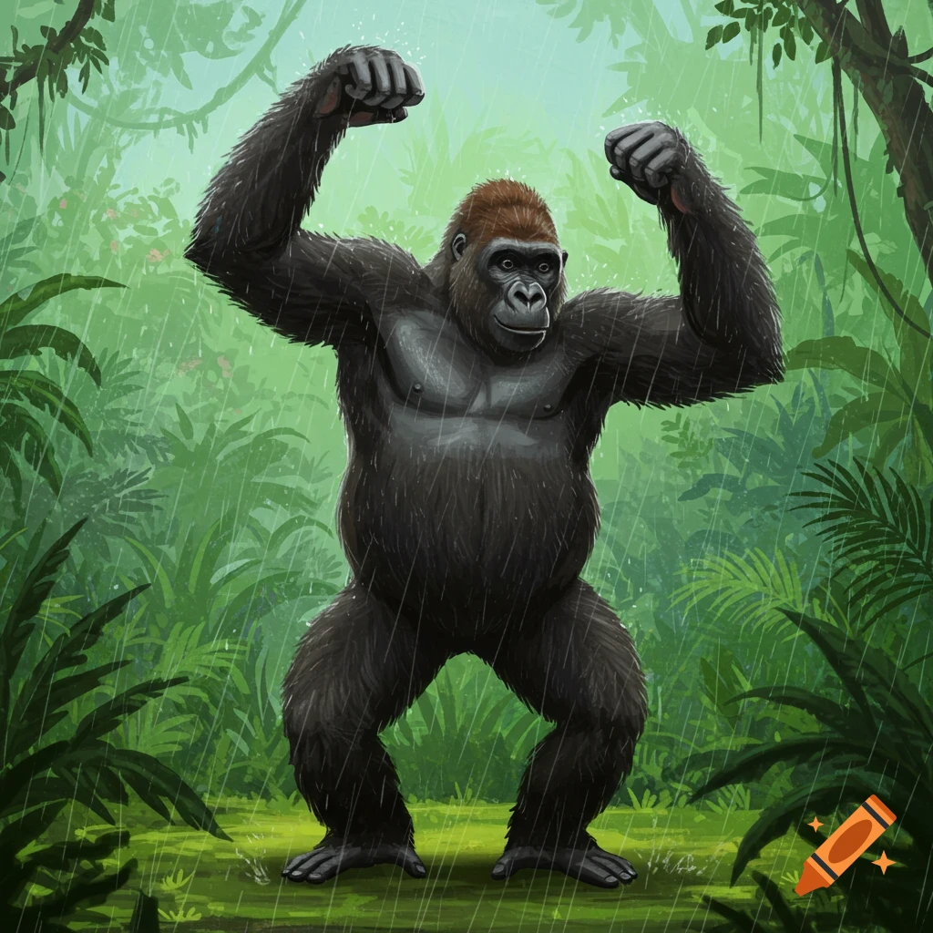 Illustration of a gorilla dancing in the rain in a jungle.