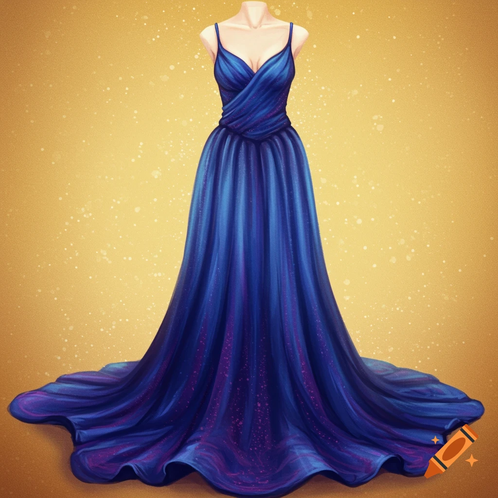 A blue floor-length gown with a flowing train on a mannequin against a gold, sparkling background.