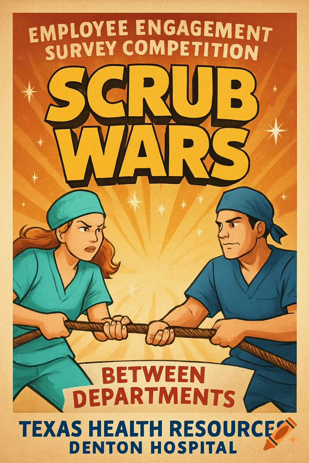 Retro style poster for a 'Scrub Wars' employee survey competition showing two people in scrubs doing tug-of-war.