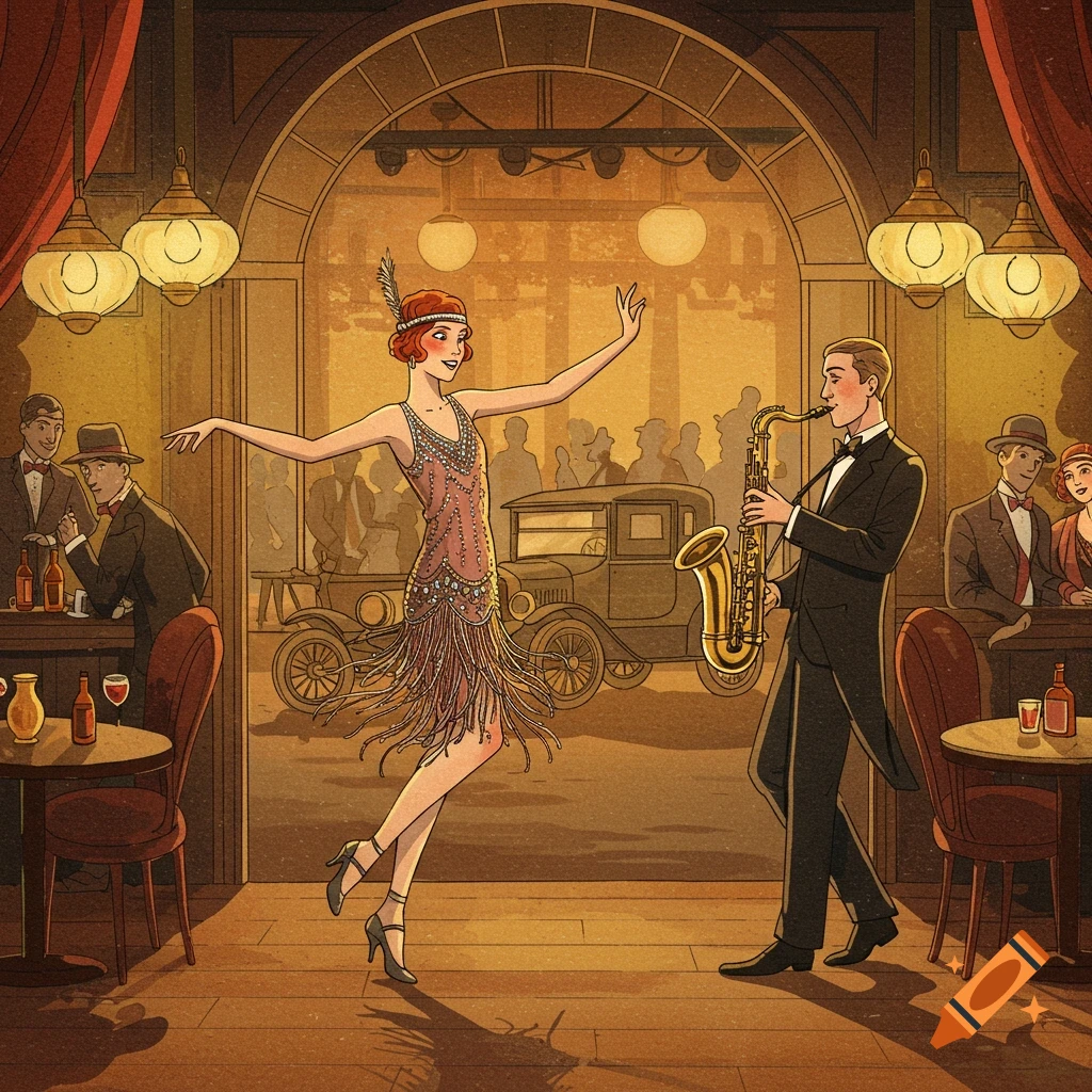 Illustration of a flapper girl dancing while a man plays saxophone in a speakeasy with a Model T car outside.