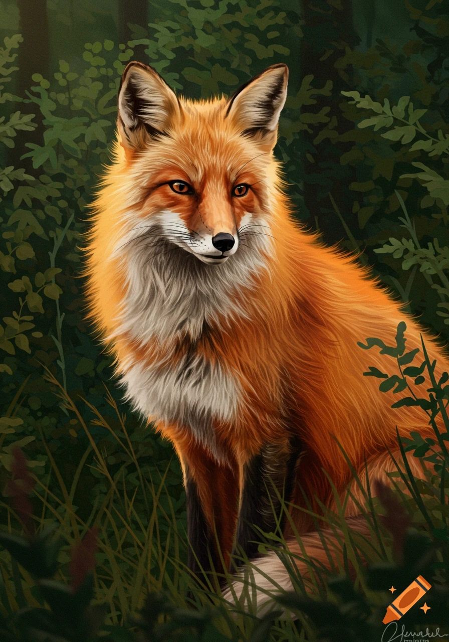Digital painting of a red fox sitting in a forest.