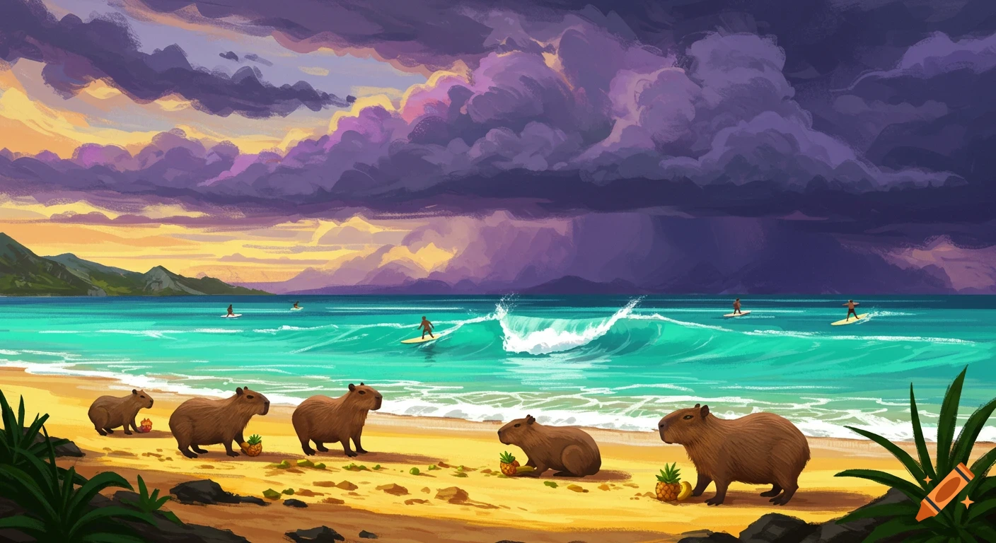 Painterly image of capybaras on a beach near surfing humans under a dramatic stormy and sunset sky.