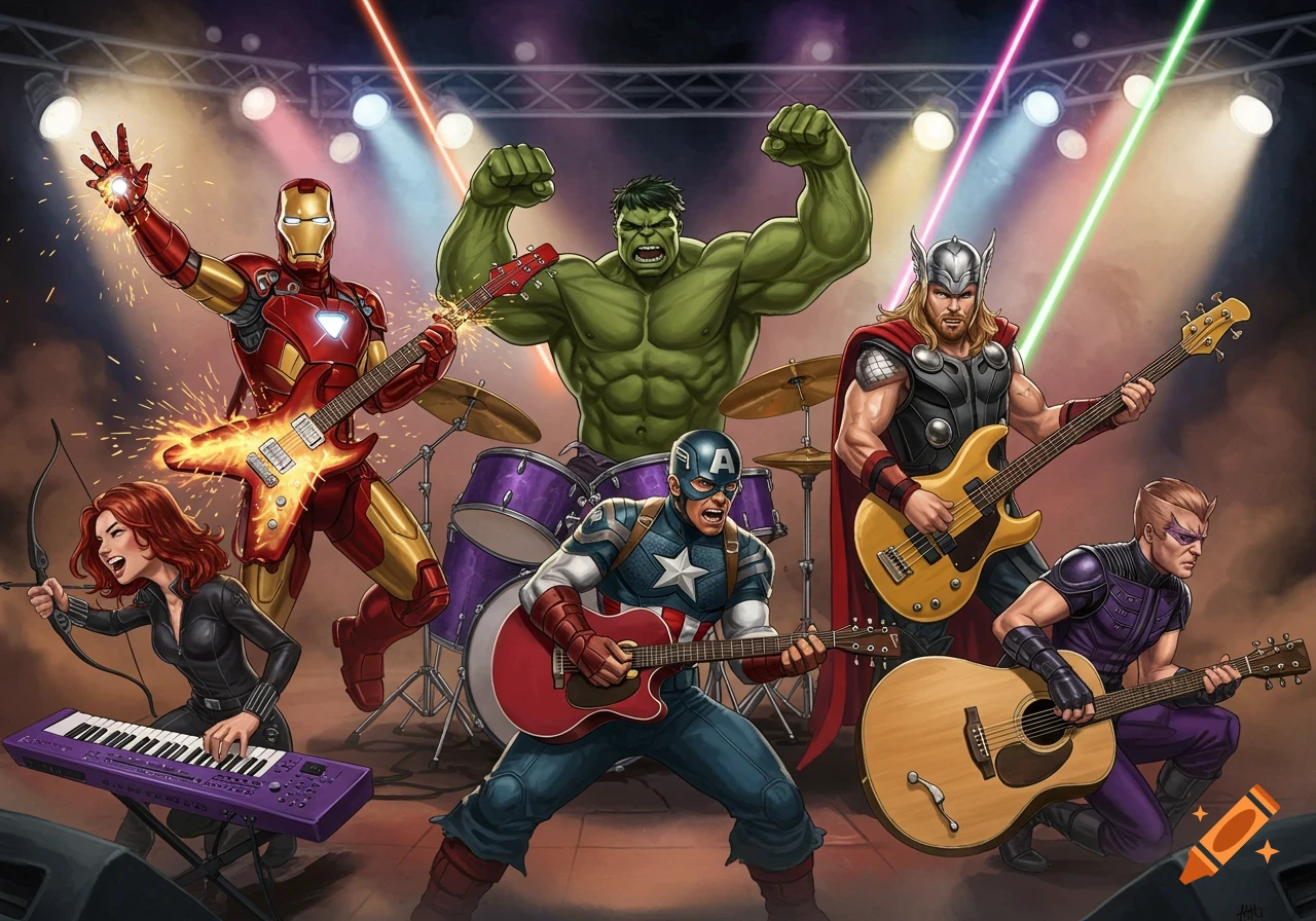 Avengers band playing on stage with lights.