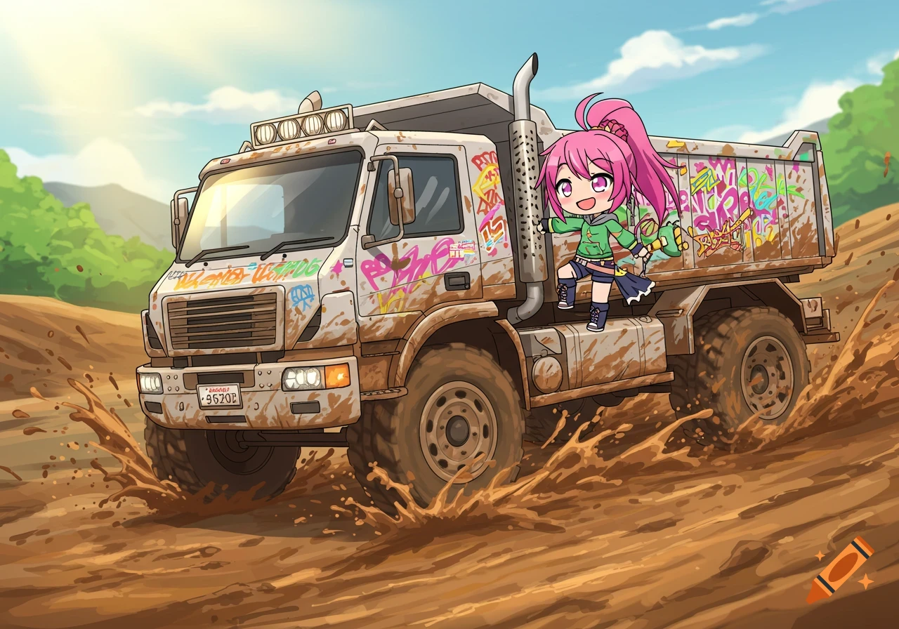 A chibi anime character rides a muddy truck through a dirt path.