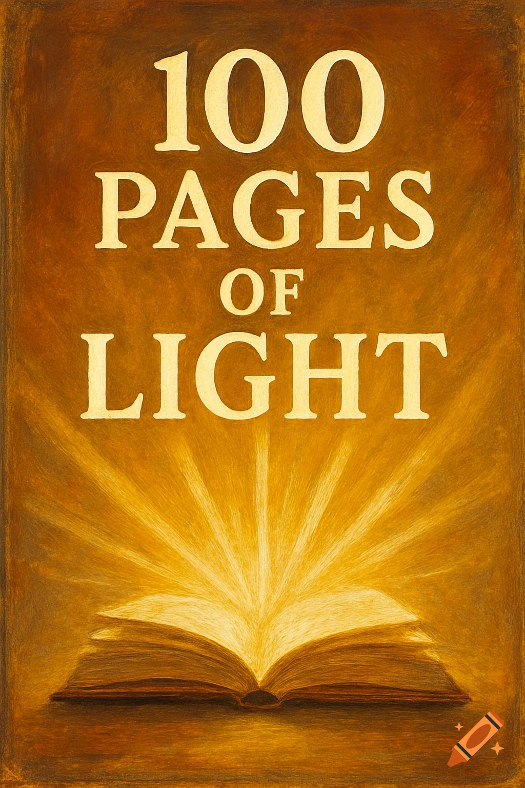 A book cover with gold text '100 PAGES OF LIGHT' and glowing light emanating from an open book.