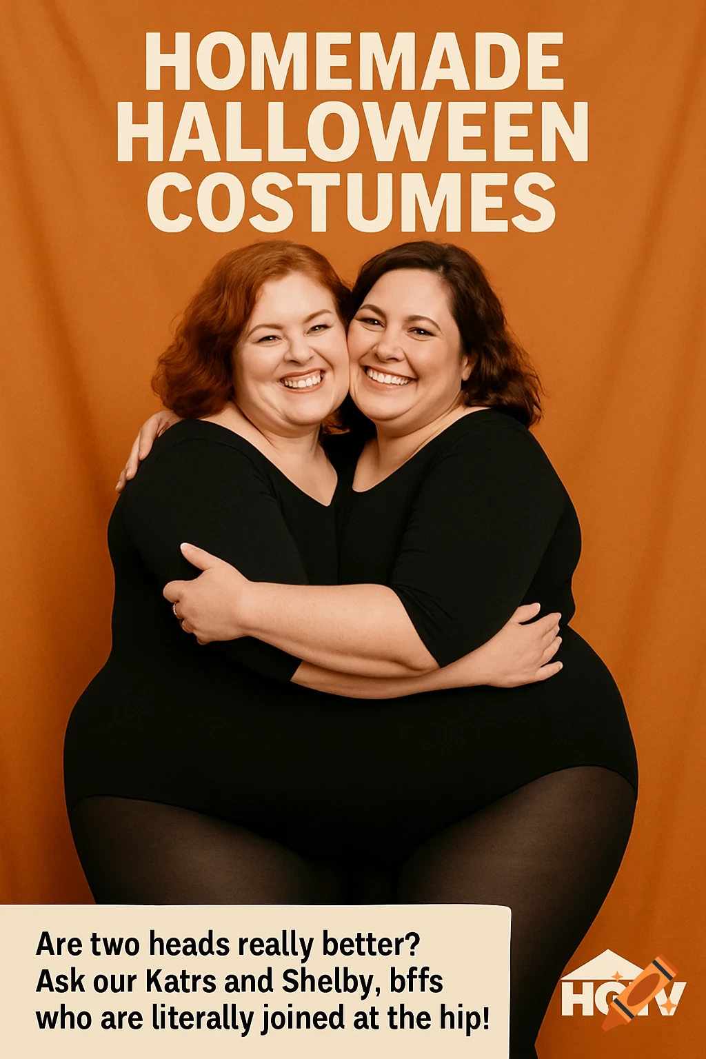 Two women in black leotards and tights hug closely, creating a two-headed costume illusion. Text says 'Homemade Halloween Costumes'.