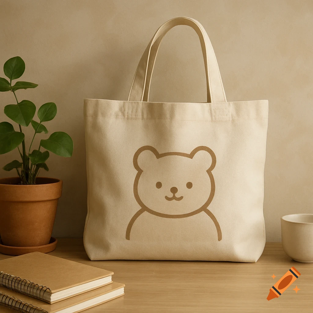 A canvas tote bag with a brown outline drawing of a bear on it, sitting on a wooden desk next to a potted plant and notebooks.