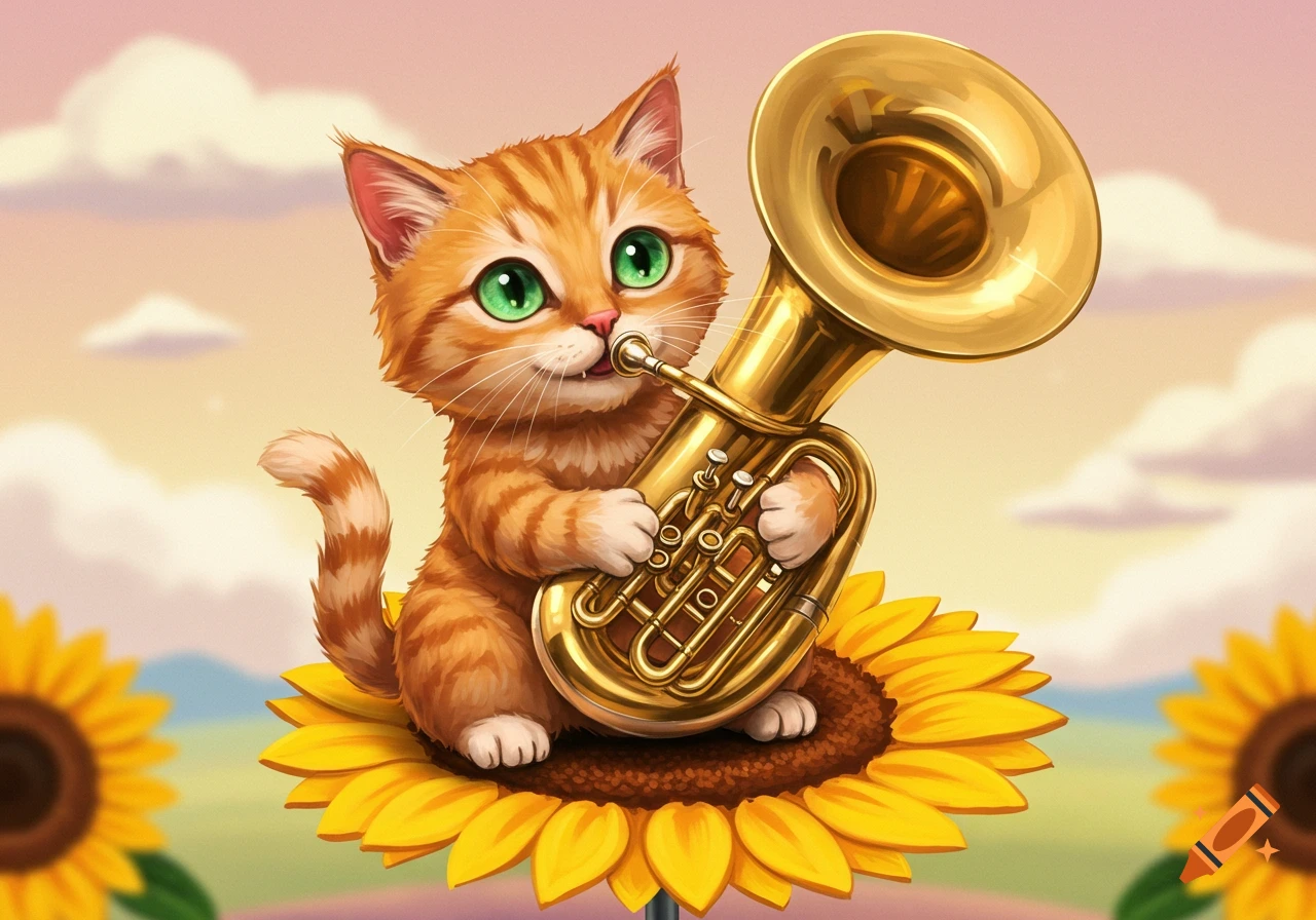 A cartoon ginger cat sits on a sunflower playing a tuba.