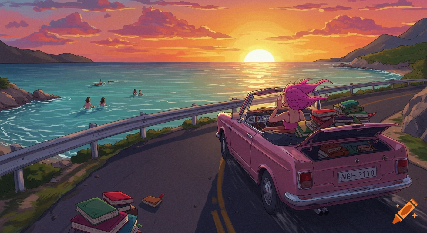 Illustration of a woman driving a pink convertible packed with books along a coastal road at sunset, with people swimming in the sea.
