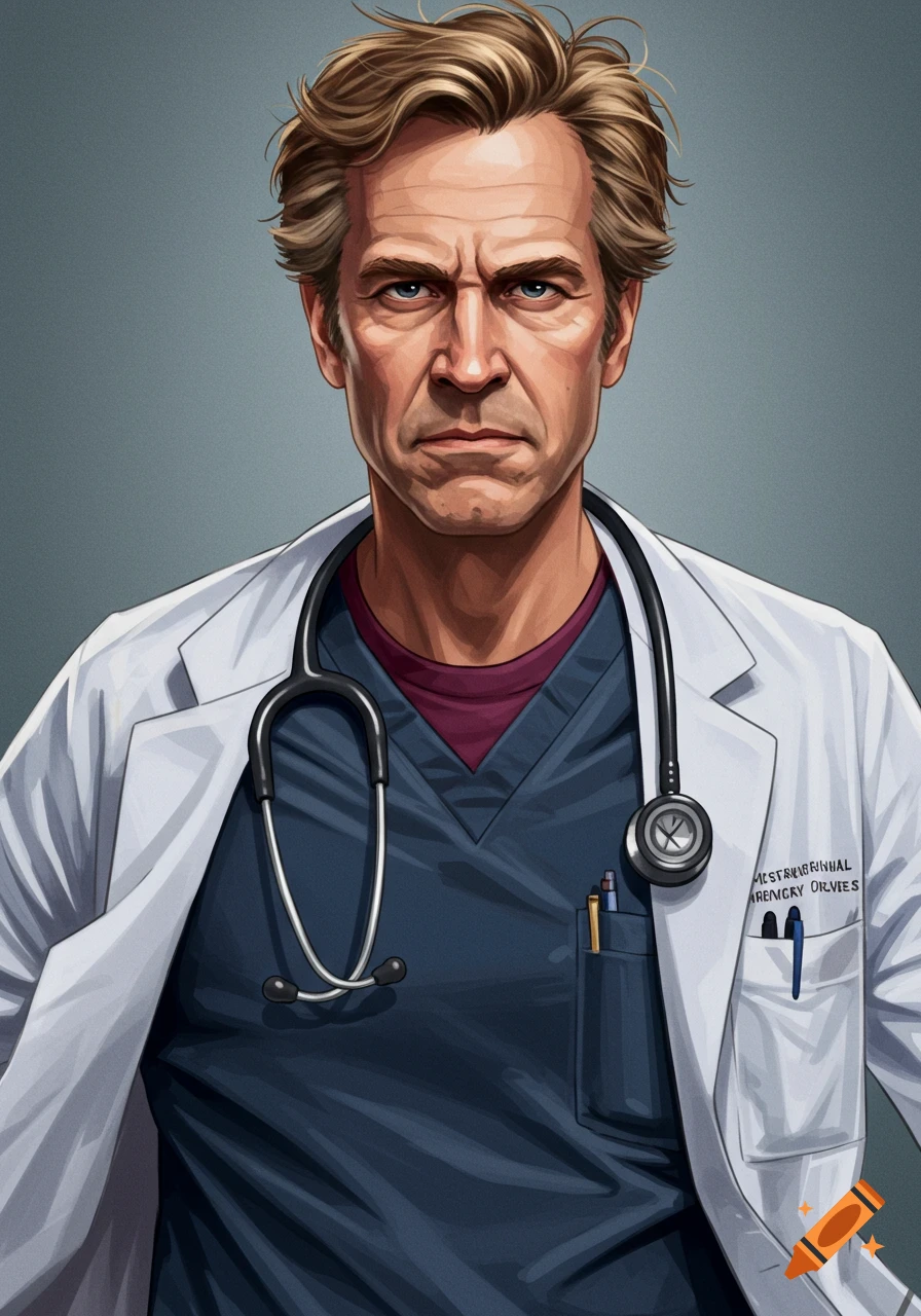 Illustrative portrait of a stern middle-aged male doctor wearing scrubs, lab coat, and stethoscope.