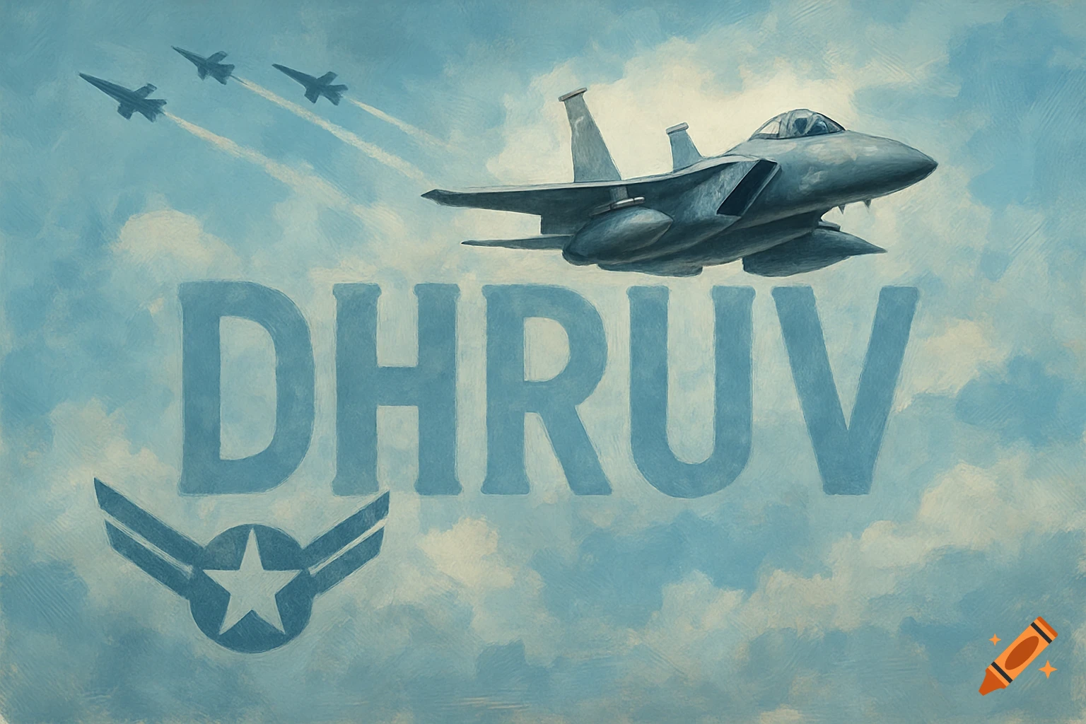 F-15 style jet and two others flying in formation over clouds with text 'DHRUV' and an Air Force emblem painted in the background. Painterly style.
