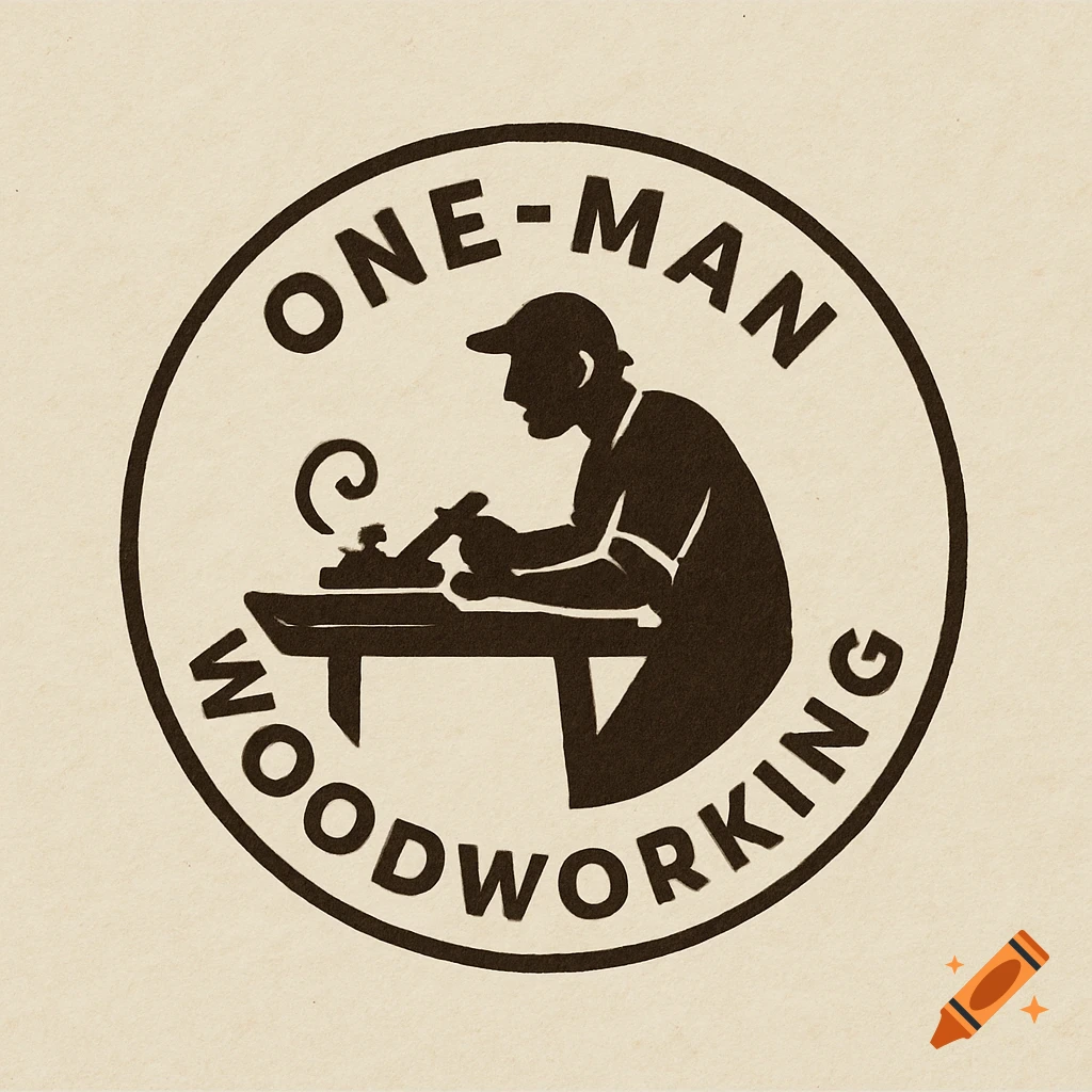 Minimalist circular logo for one-man woodworking with silhouette of man planing wood and text 'ONE-MAN WOODWORKING'.
