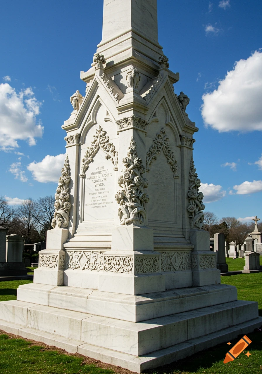 A tall white marble monument stands in a cemetery under a blue sky.