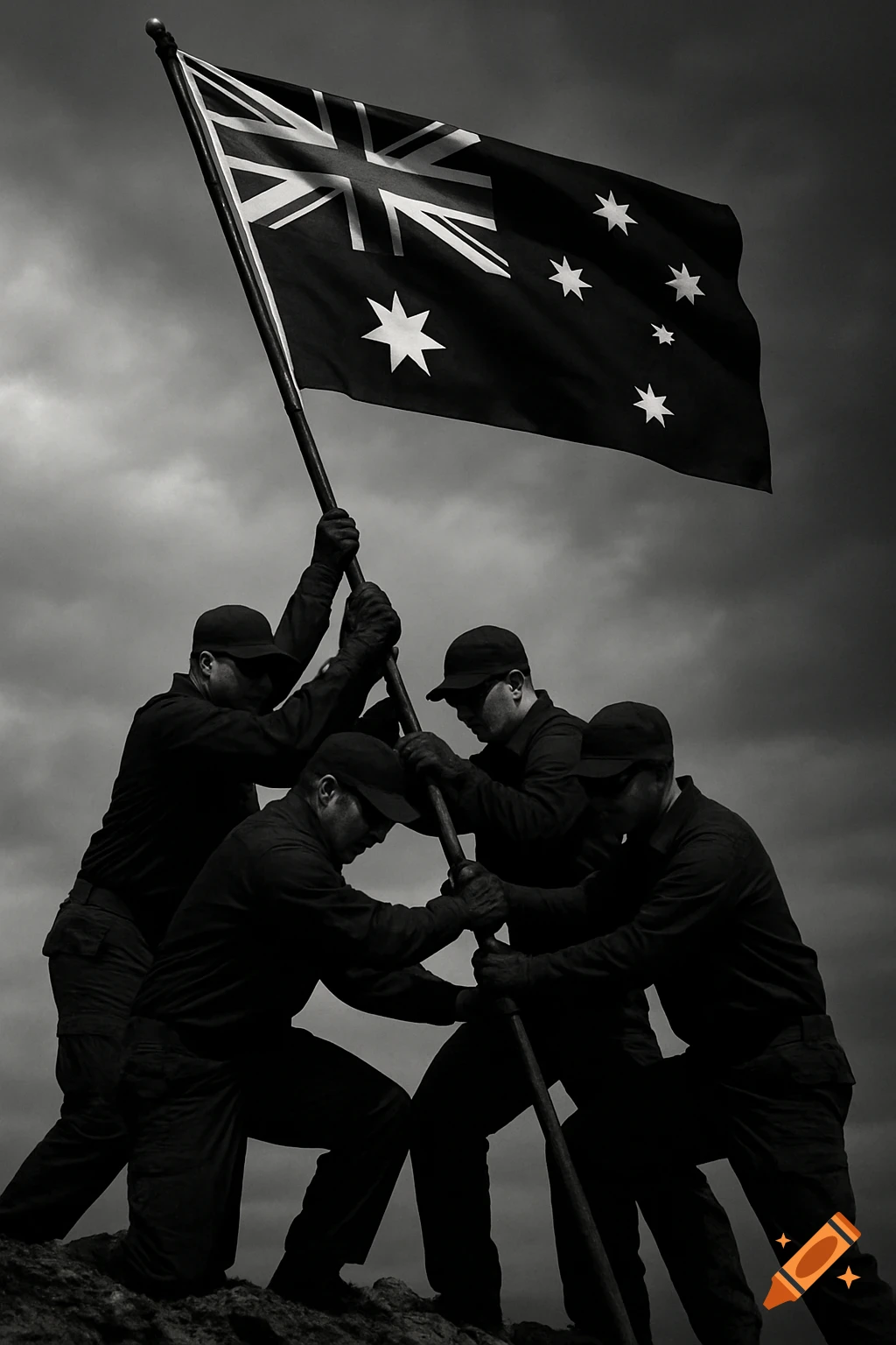 Black and white photo of silhouetted soldiers raising the Australian flag on a hill.