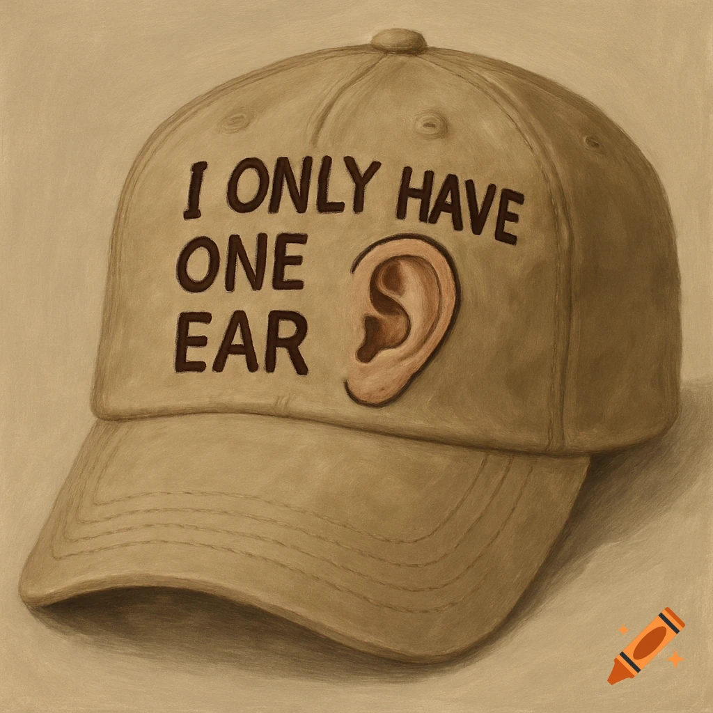 Painterly illustration of a beige baseball cap with the text 'I ONLY HAVE ONE EAR' and a human ear attached.